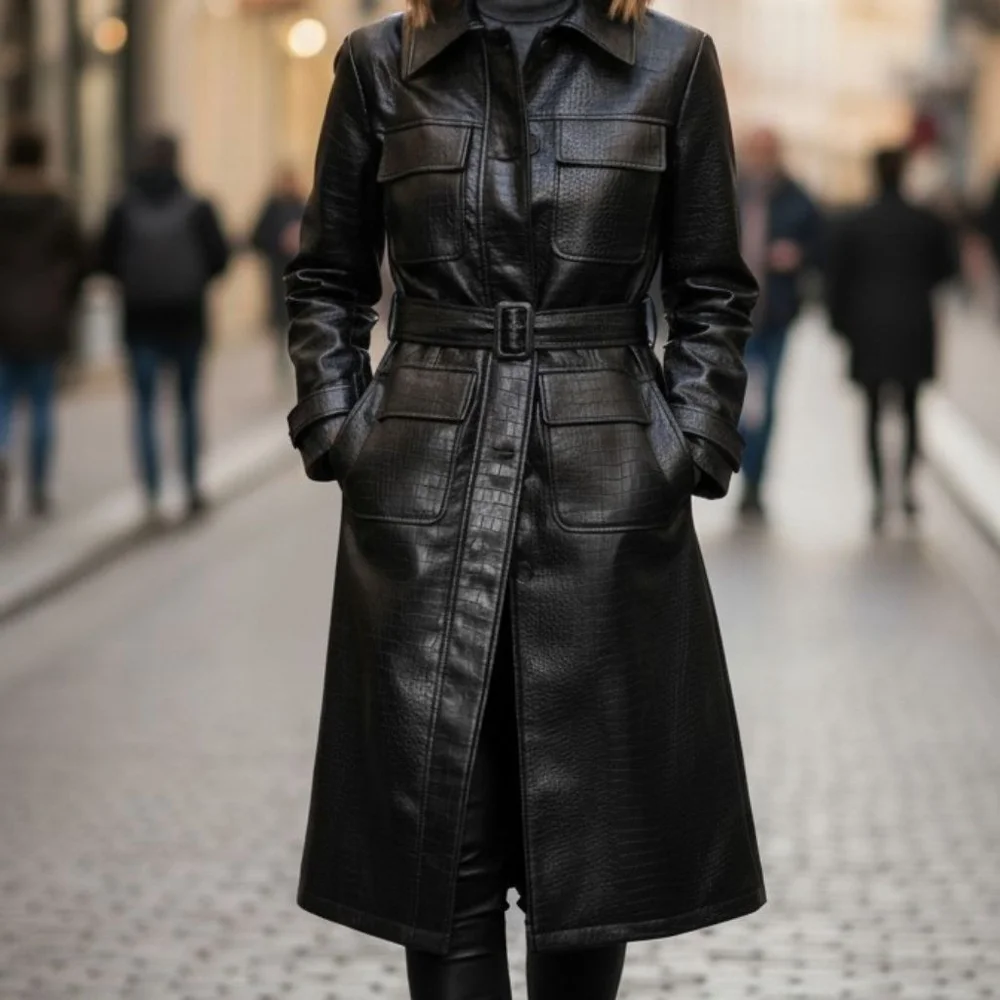 NEW Jason Wu Black Croc Embossed Faux Leather Long Trench Coat M Edgy Jacket